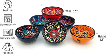 Turkish Ceramic Pinch Bowls Set of 6 – Small Dipping Bowls for Charcuterie Boards, Appetizers, Snacks & Sauces -Handcrafted Turkish Bowl for Serving, Decor & Gifts (3.2”)