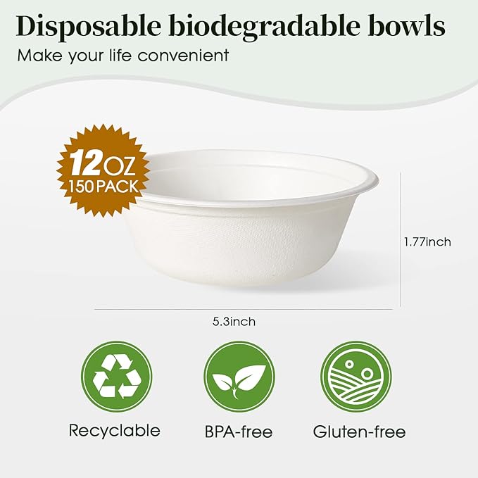 150 Pack 12 oz Compostable Paper Bowls Disposable - Image 2