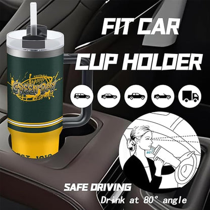 Green 30 oz Tumbler with Handle and Straw,Car cup,Coffee Mug,100% Leakproof Insulated Tumbler with Lid and Straw,Made of Stainless Steel,Cup Holder Friendly Base,Classic Collection Gifts for Fans
