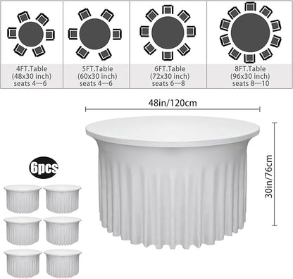 6 Pack 48" Diameter x 30" Height White Table Skirt | Fits 4FT Round Tables |Polyester Spandex Round Table Cloths with Skirt|Stain 、Wrinkle Resistant、 for Wedding,Party,Dining,Banquet