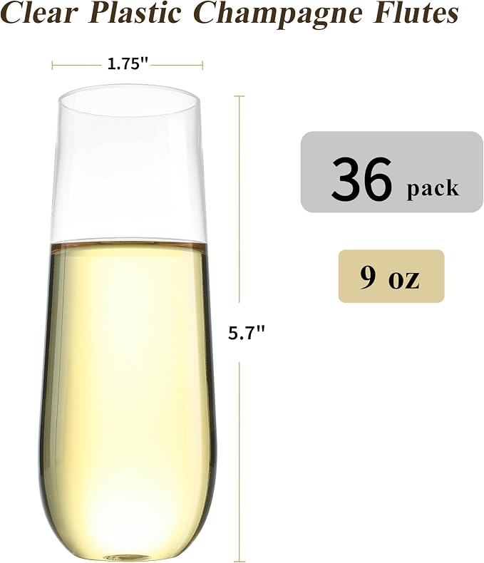 Bestluck 36 Pack 9 oz Clear Stemless Plastic Champagne Flutes | Clear - Image 2