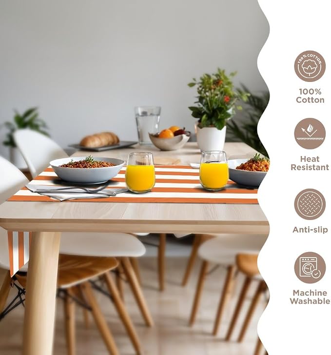 Folkulture Fall Table Runner 72 Inches Long | Orange & White Striped | Table - Image 3