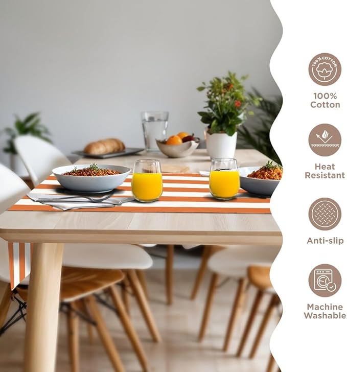 Folkulture Fall Table Runner 90 Inches Long | Orange & White Striped | Table - Image 3