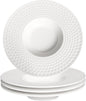 Creative home decor ceramic wide-rimmed soup bowls/plates, 10.5 oz pasta bowl four-piece set, white embossed bowls and plates with rims, ideal for upscale restaurants, hotels and gourmets, 11 inches.