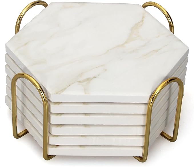 6Pcs White Marble Coaster Set by Dksyee