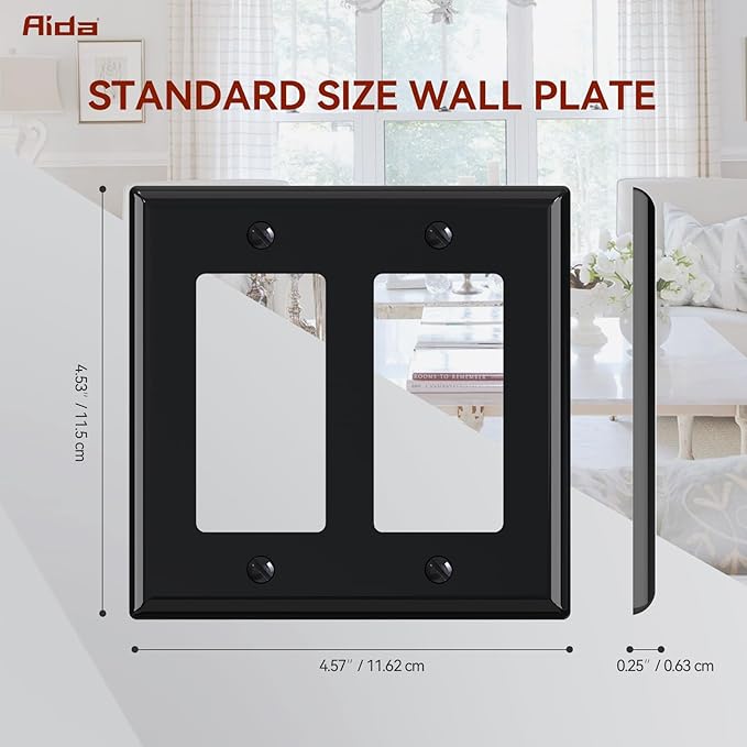 AIDA 2-Gang Decorative Wall Plates, Standard Size 4.53" H x 4.57" L, Unbreakable Thermoplastic, UL Listed - 4 Pack, Glossy Black for Outlets & Switches