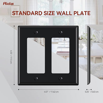 AIDA 2-Gang Decorative Wall Plates, Standard Size 4.53" H x 4.57" L, Unbreakable Thermoplastic, UL Listed - 10 Pack, Glossy Black for Outlets & Switches