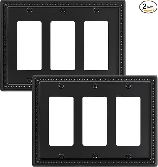 2-Pack Triple Decorator Outlet Cover Plate, Black Pearls Decorative Switch Plates and Outlet Covers, Metal Wall Plates for Electrical Outlets, Receptacle, GFCI Outlet, Dimmer Switch