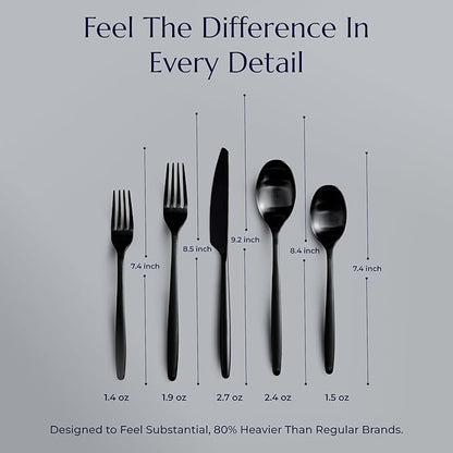 JazzUpCo Ava Flatware Flatware non toxic 18/10 stainless steel dishwasher safe (Matte Black, 12 Person Set (60 Pieces))