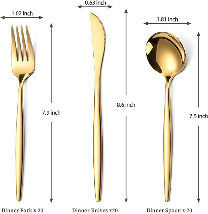 60-Piece Gold Silverware Set for 20, Food Grade Stainless Steel Flatware Set - Image 3