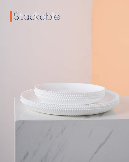 10.5 inch Ribbed Dinner Plate Set of 6, Round Opal Glass White Dinnerware Plates, Dishwasher and Microwave Safe
