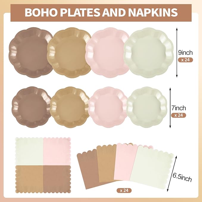 NatNarr Brown Plates And Napkins Set, 24 Guests, Boho Baby Shower | 24 Dinner - Image 2