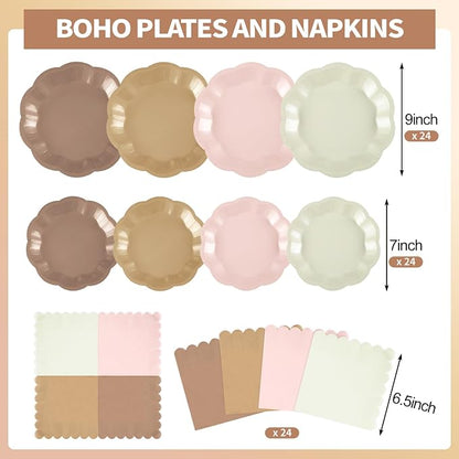 NatNarr Brown Plates And Napkins Set, 24 Guests, Boho Baby Shower | 24 Dinner - Image 2