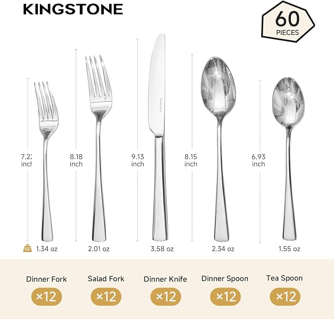 18/10 Flatware set for 12, 60 Piece Stainless Steel Silverware Cutlery Set | - Image 2