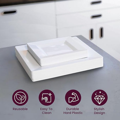 Aya's 100ct Square Plastic Disposable Plates, White - 9.5-Inch 50 Dinner and 6.5-Inch 50 Salad Plates for Party - Heavy-Duty Hard Plastic Design for Wedding, Event, Christmas, and Thanksgiving