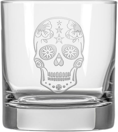 Rolf Glass Sugar Skull On the Rocks Glass | Set of 4 Etched 11oz Whiskey Glasses | Made in America | Mardi Gras Tumblers