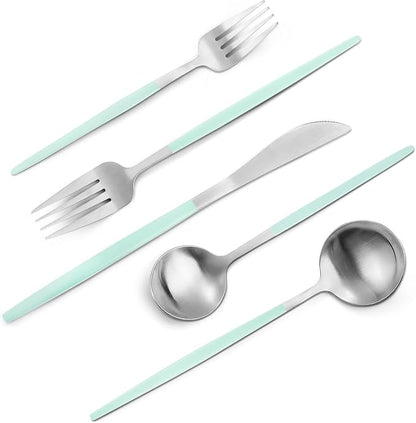 VANVRO Matte Green Silver Silverware Set, 20-Piece Stainless Steel Flatware Set by VANVRO