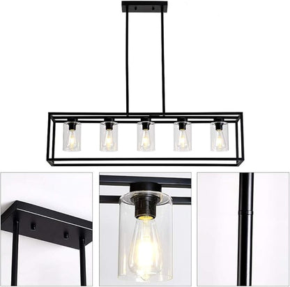 XILICON Dining Room Lighting Fixture Hanging Farmhouse Black 5 Light Modern Pendant Lighting Contemporary Chandeliers with Glass Shade for Living Dining Room Bedroom Kitchen Island