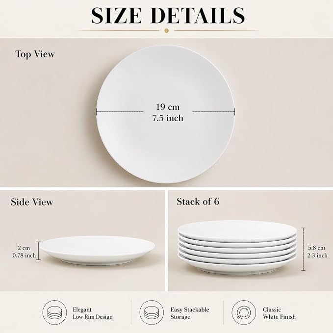 White Dessert Plates Set of 6, 7.5 Inch Ceramic Appetizer Plates, Small - Image 3