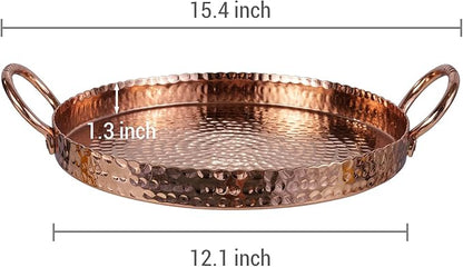 MyGift 12 Inch Copper Tone Metal Round Display Tray with Handcrafted Hammered Design, Decorative Tabletop Centerpiece Base or Serving Platter - Handmade in India