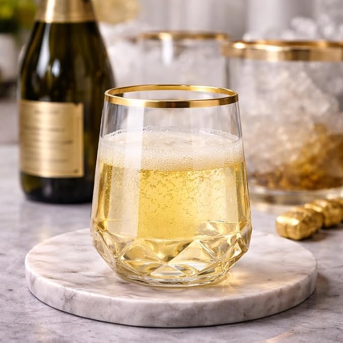 Oojami 40 Pack Disposable Plastic Wine Glasses 12oz Gold Rim - Image 3