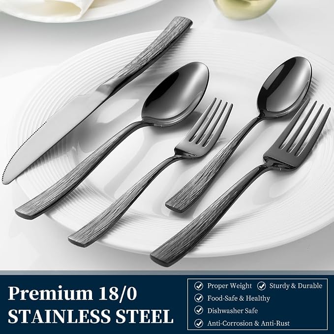 Black Hammered Silverware Set, Heavy Duty Flatware Set, 18/0 Stainless Steel - Image 6