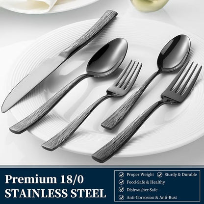 Black Hammered Silverware Set, Heavy Duty Flatware Set, 18/0 Stainless Steel - Image 6