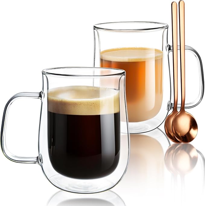 Double Walled Glass Coffee Mugs 16 OZ, Borosilicate Glass Coffee Cups Set of 2 by COMOME
