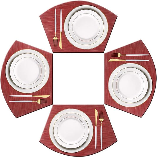 PIGCHCY Wedge Shaped Placemats for Dining Table Cross-Weave Washable Vinyl Placemat Heat Resistant Round Table Mats Set of 4 (Burgundy Red)