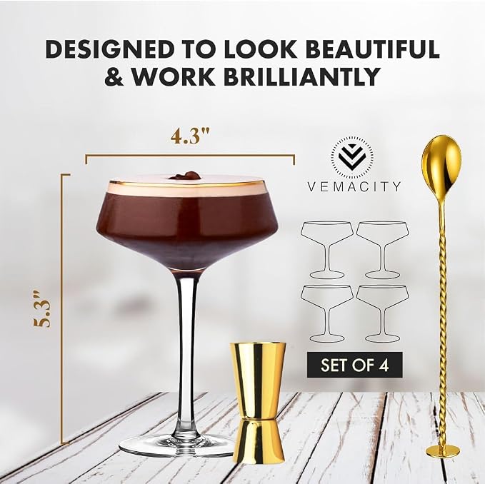 VEMACITY Deluxe Espresso Martini Glasses Set of 4, Bar Tools, Coupe Glasses | - Image 8