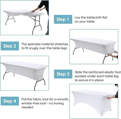 VidaFete Spandex Tablecloth 2 Pack 4FT, Fitted Stretch Table Cover for Rectangle Tables, Wrinkle Resistant and Washable Tablecloths for Outdoor, Picnic, Party, Wedding, Banquet, Birthday, White