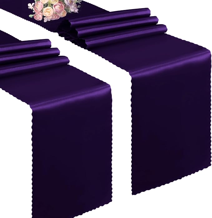 VACVELT Purple Satin Table Runners, 12x72 Inch, 2 Pack, Scalloped Edge | Silky by VACVELT