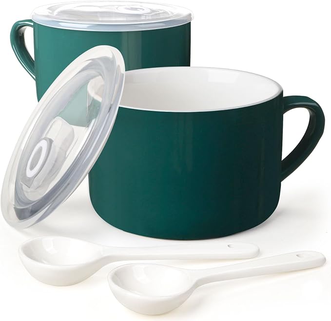 Soup Bowls with Handles & Spoons, 30oz Ceramic Ramen Bowl with Lid, Large Soup by Wareland