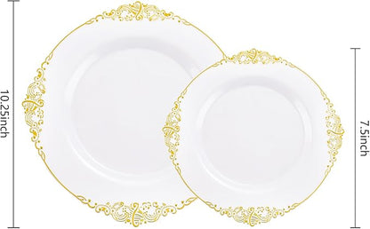 102PCS White and Gold Plastic Plates - Heavy Duty Gold Disposable Plates Include 51PCS 7.5inch Dessert Plates, 51PCS 10.25inch Dinner Plates for Wedding & Parties