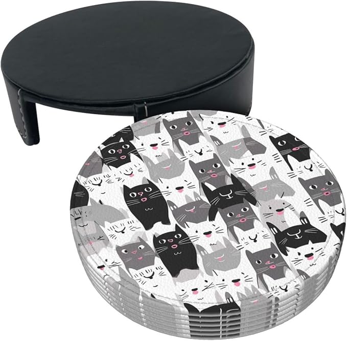 Cartoon Cute Cat Kitten Leather Coasters Set of 6 - Image 8