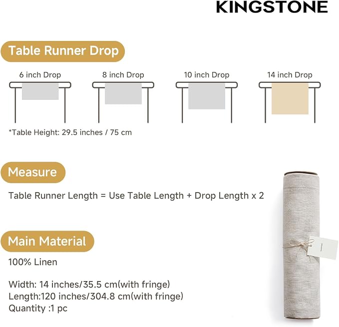100% Pure French Linen Table Runner 120 Inches Long, Natural Hemstitch - Image 5