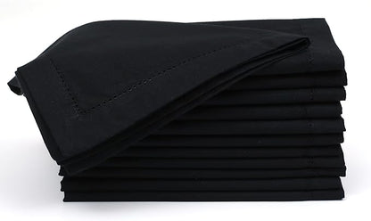 Hemstitched Cotton Napkins - Set of 12, 18x18 Inch - Black, Perfect for Christmas Dinner or Everyday Use