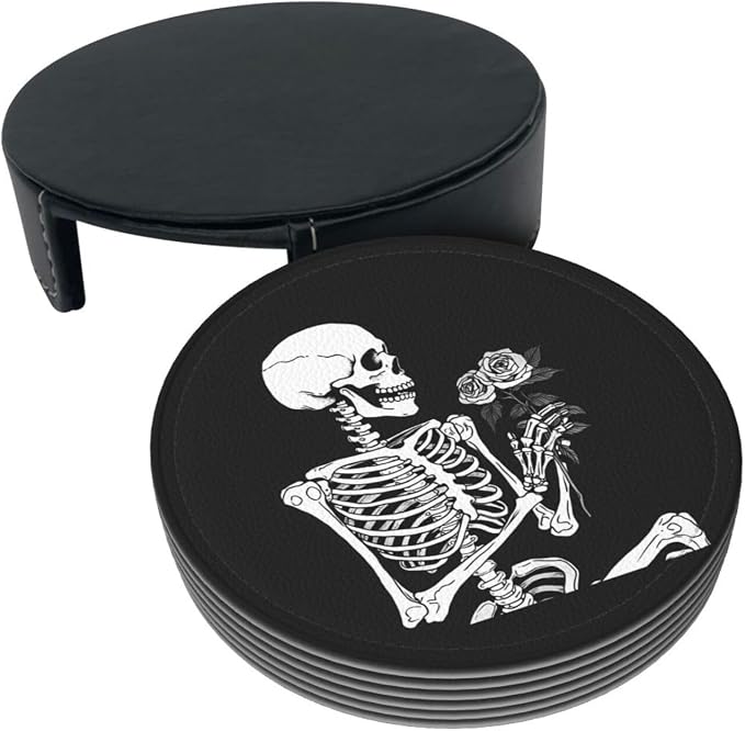 Roses Skeleton Skull Rock and Roll Leather Coasters Set of 6 - Image 8