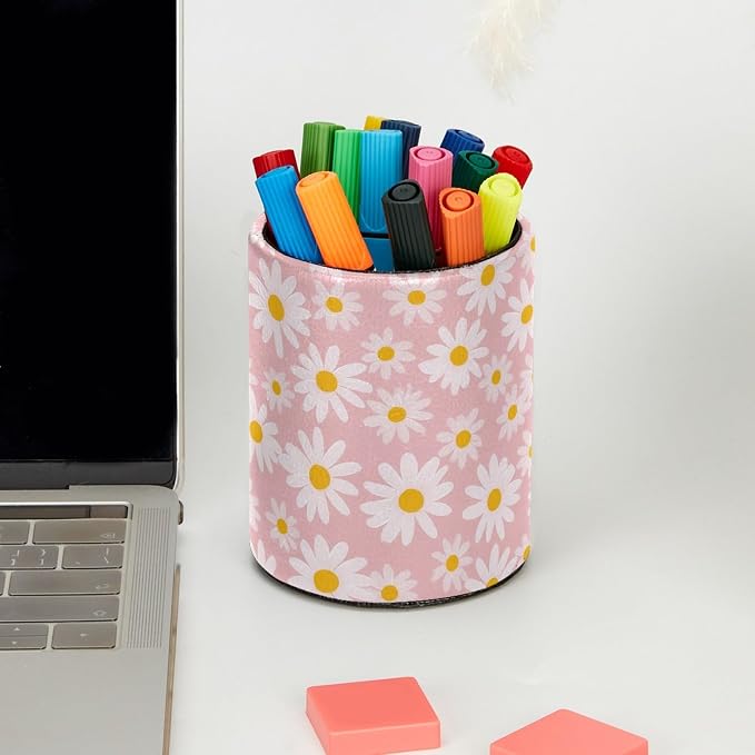 Cute Pink and Daisy Wildflowers Leather Pen Holder - Image 5