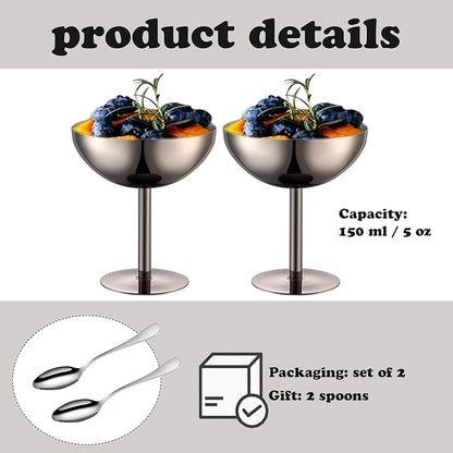 Ice Cream Bowls Stainless Steel Dessert Cups with Spoons Reusable Footed Sundae Cups Ice Cream Cups for Dessert, Frozen Yogurt, Gelato, Birthday Party Decorations (2, Black)