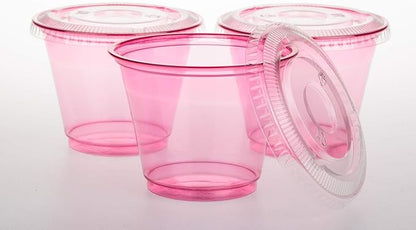 Golden Apple, 9oz-50sets Pink Red Plastic Cups with Clear Flat no Hole lids…
