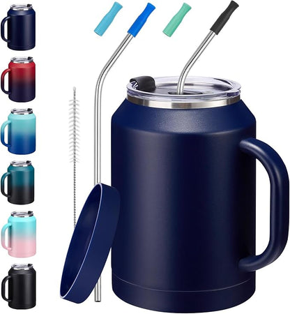50 oz Mug Tumbler with Handle and Straw - 2-in-1 Lid, Insulated Metal Iced Coffee Thermal Cup, Stainless Steel Water Mugs, Double Wall Vacuum Water Cups Keep Cold-36H Hot-24H, 50oz Large Flask Jug