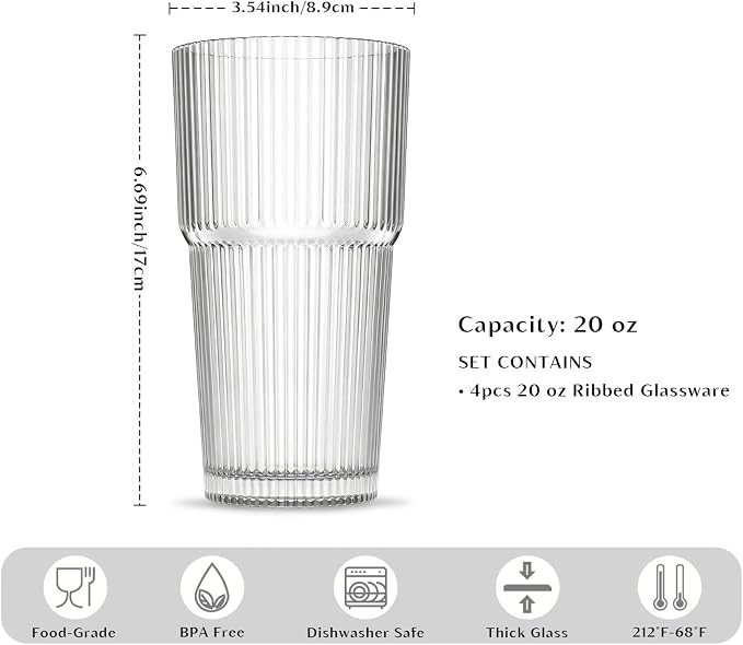 INSETLAN 20oz Ribbed Glass Tumbler, Iced Coffee Cups - Image 2