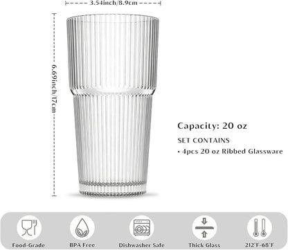 INSETLAN 20oz Ribbed Glass Tumbler, Iced Coffee Cups - Image 2
