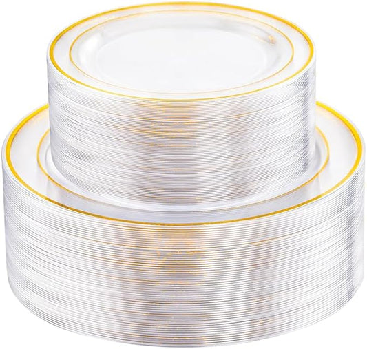 FLOWERCAT 100PCS Clear Plates with Gold Trim - Heavy Duty Clear and Gold Plastic Plate Disposable for Birthday Party/Wedding Include 50PCS 10.25inch Dinner Plates - 50PCS 7.5inch Cake Plate