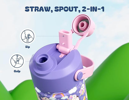 12 oz Insulated Water Bottle for Kids: 2-in-1 Straw Spout Lid, Spill-proof - Image 3