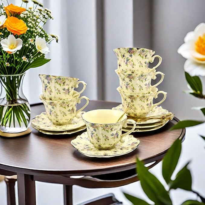 TATSUMI Country Roses Bone China Tea Cup and Saucer Set, 3 Pieces, Vintage Style - Image 4