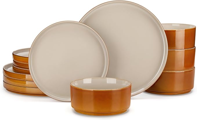 vancasso ONION Ceramic Plates and Bowls Sets, 12 Pieces Grey Dinnerware Sets by vancasso