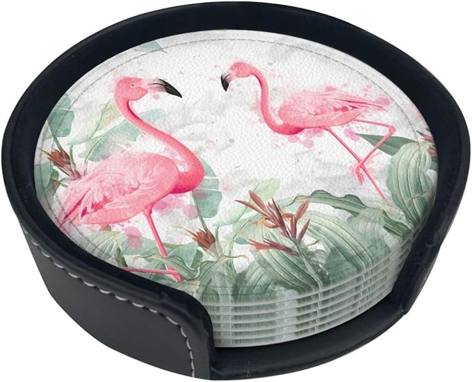 6 Pcs Watercolor Tropical Flamingo Leather Coasters - Image 5