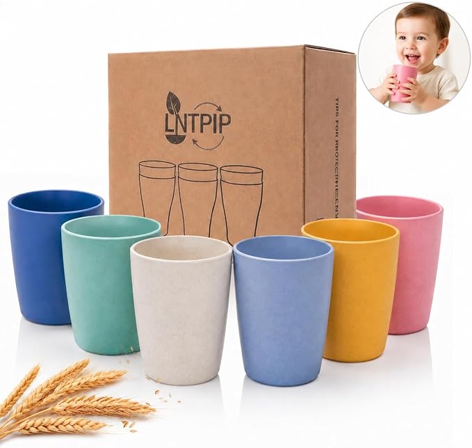 Wheat Straw Colored 6 Pack Kids Cups 12 OZ | Reusable Open Drinking Glasses BPA - Image 11